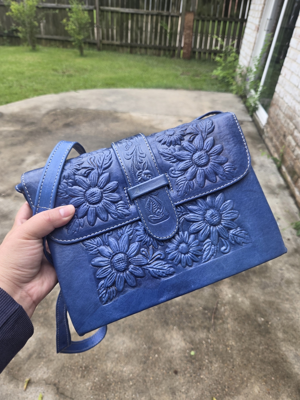 Mexican Blue Floral Embossed Leather Bag